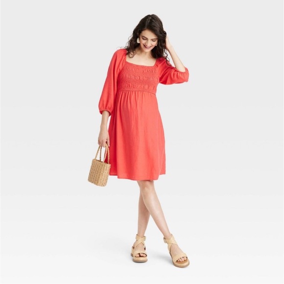 MATERNITY Puff Elbow Sleeve Smocked Linen Mini Dress  Isabel Maternity C… - Picture 3 of 6